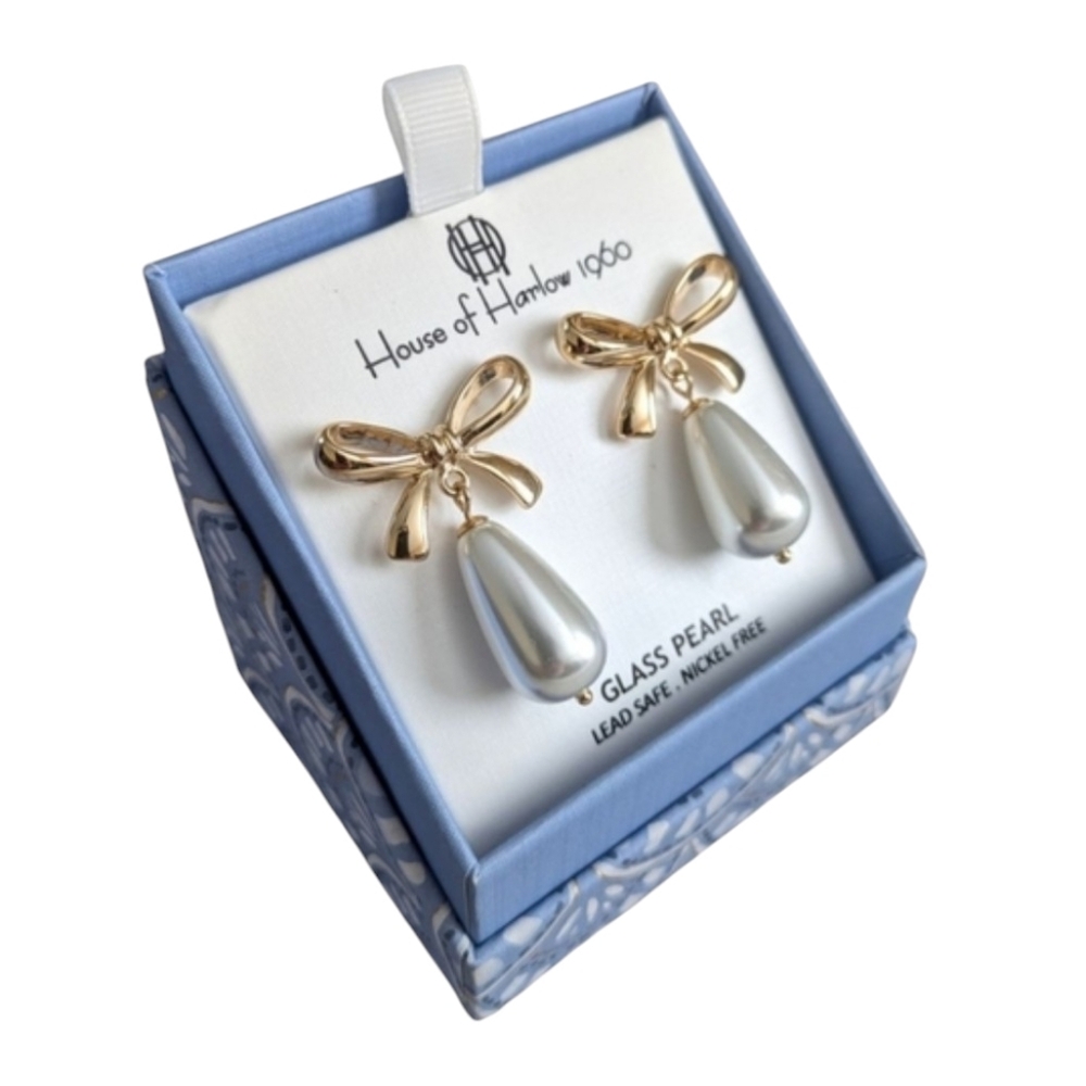 House of Harlow Gold Tone Bow & Glass Pearl Drop Earrings New Bride Formal Gala